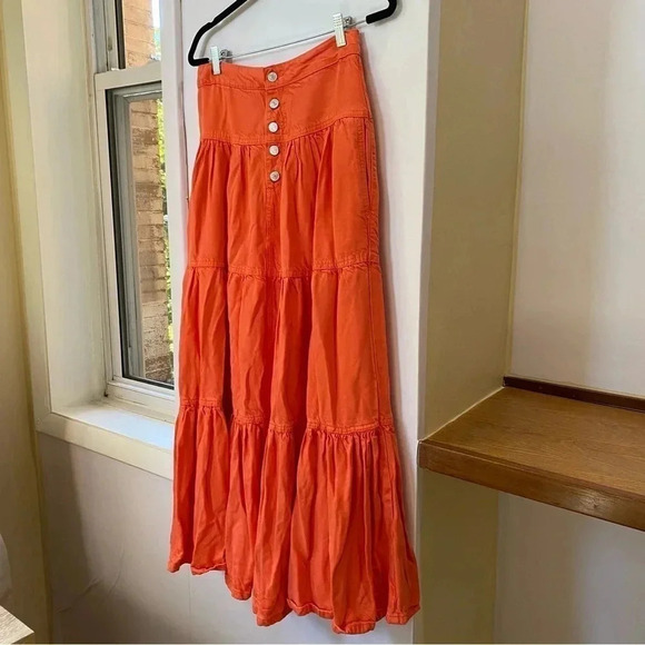 NWT Free People Dreamweaver Maxi Skirt Denim Jean Tiered High Rise Orange - Picture 11 of 16